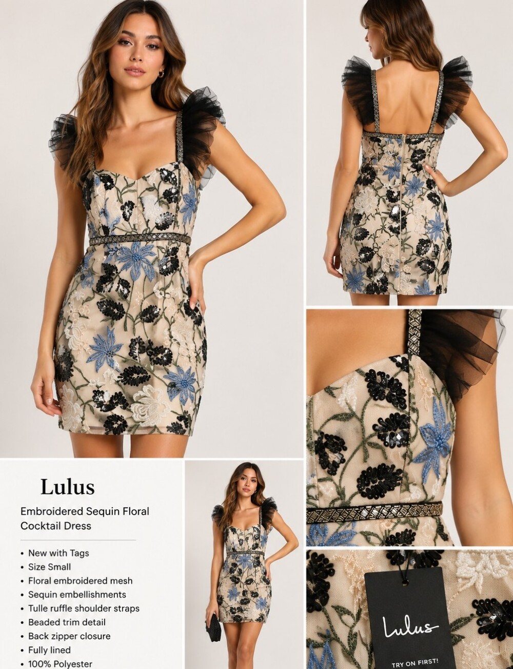 Lulu's Show Stopper Cream Embroidered Sequin Bodycon Mini Dress NWT Size Small